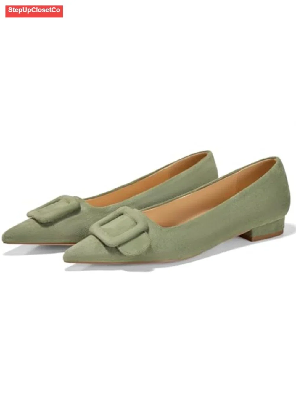 Women's Lambskin Lining Square Buckle Flats Slip-On Shoes Pointed Toe Comfort